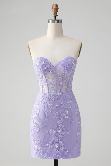Vestido de cóctel con lentejuelas y espalda con cordones y corsé lila